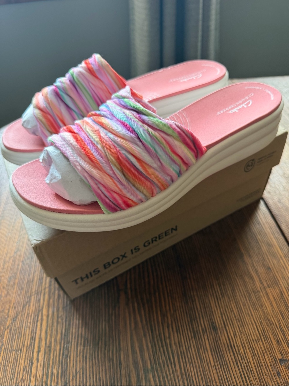 Clarks Pink Slide Sandals with Rainbow Ruched Strap